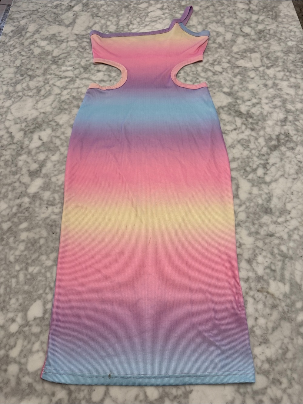 chic Pastel Ombre One-Shoulder Cutout Bodycon Dress - Pink, Blue, Yellow
